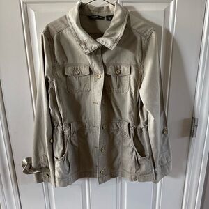 Eddie Bauer khaki utility jacket with drawstring waist,